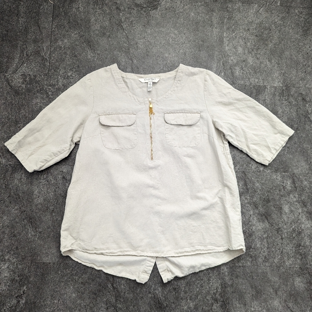 Ellen Tracy linen cotton blend neutral coastal top large